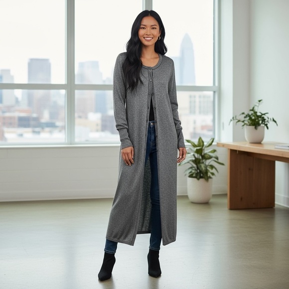 PERUVIAN CONNECTION silver gray metallic cardigan duster dress women’s large - Picture 1 of 15